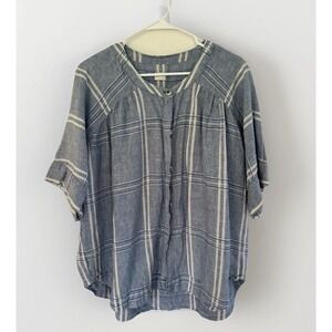 Poetry Women's 100% Linen Blouse‎ Top Size 18 Blue Windowpane Button Down